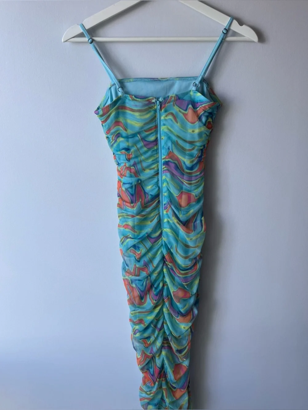 Aqua Multicolor Swirl Midi Dress Y2K Ruched - Picture 5 of 7